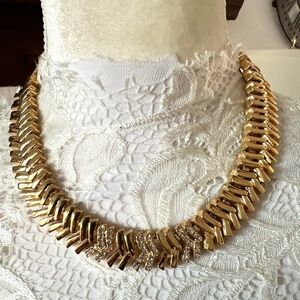 Gold Bold Costume Necklace with Rhinestone Accents